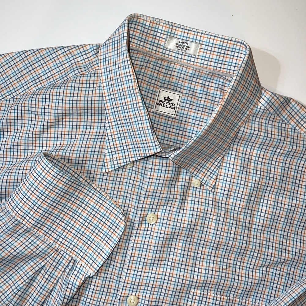Peter Millar Orange Blue White Mens Long Sleeve Button Up Shirt Size Large